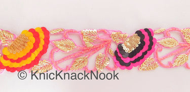 Pink / Peach Indian Beaded Lace Trim, Handmade, Sequins Trim